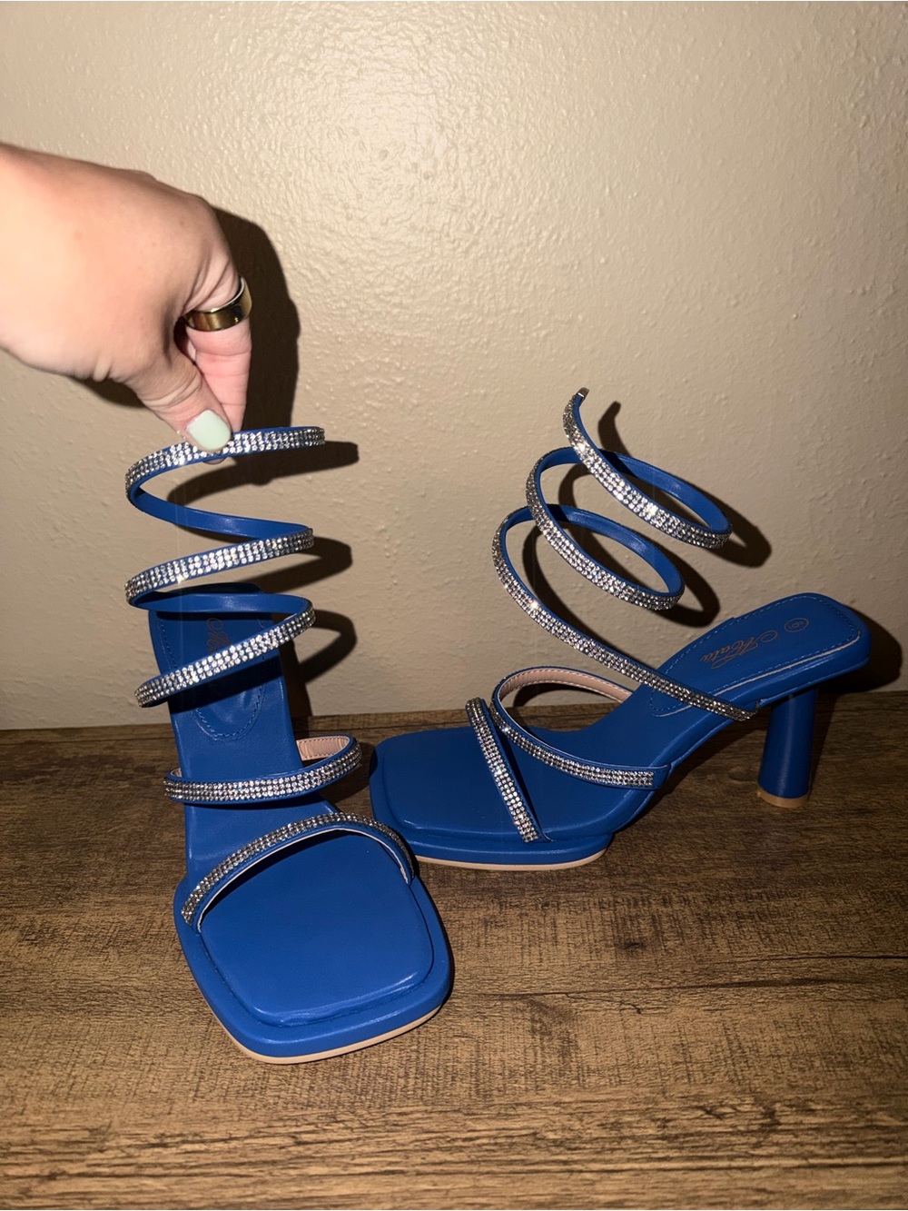 Blue Spiral Rhinestone Strap Heeled Sandals